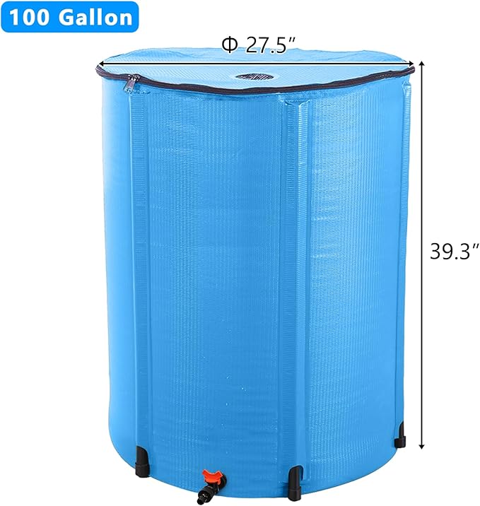 100 Gallon Collapsible Rain Barrel, Portable Water Storage Tank, Foldable Rainwater Collect System Downspout, Water Catcher Container with Filter, Spigots Overflow Kit (Blue, 100 Gallon)