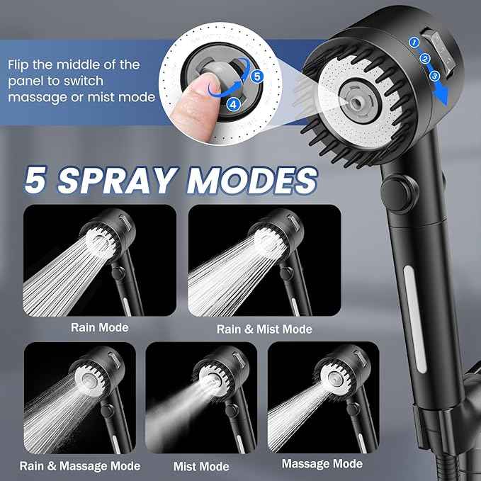 Filtered Shower Head with Handheld, High Pressure 5-Spray Ion Drops Shower Head with Filters for Hard Water, ON/OFF Switch Showerhead for Pets Bath, Shower Heads Filter - Remove Chlorine