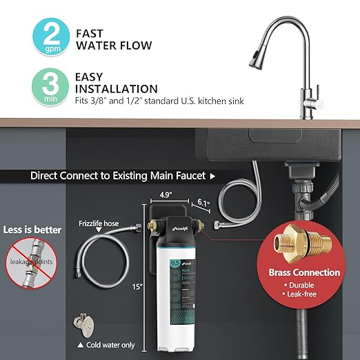Frizzlife SW10 Under Sink Water Filter System, NSF/ANSI 53&42 Certified, Reduces 99.99% Lead, Chlorine, Bad Taste & Odor, with PLC10 Replace Filter