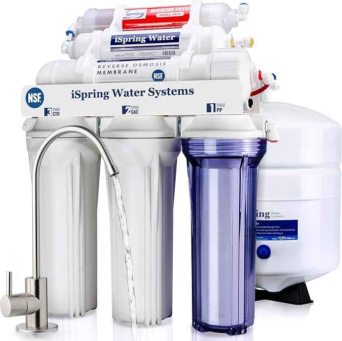iSpring RCC7AK, NSF Certified 75 GPD, Alkaline 6-Stage Reverse Osmosis System & WSP-50 Reusable Whole House Spin Down Sediment Water Filter, 50 Micron Flushable Prefilter