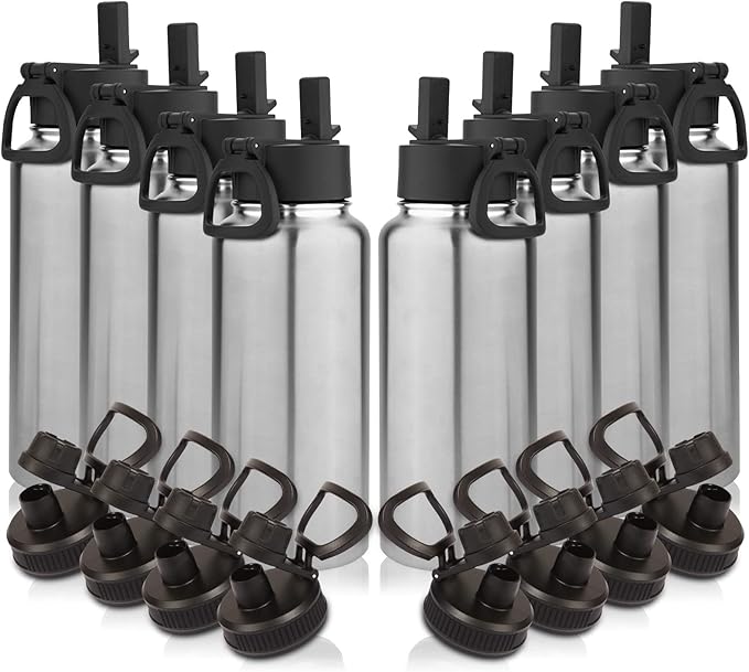 Volhoply 32 oz Insulated Water Bottles Bulk 8 Pack with Straw Lid & Spout Lid,Stainless Steel Sports Water Bottle,Double Wall Vacuum Cups,Leakproof Wide Mouth Metal Flask for Travel(Silver,8)