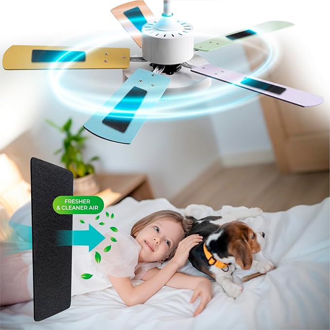 JJI Ceiling Fan Air Filter - Activated Charcoal Ceiling Fan Filters for Pets - Ceiling Fan Blades Shape Design - Easily Sticks on Ceiling Fan Blade Top (16Pack)