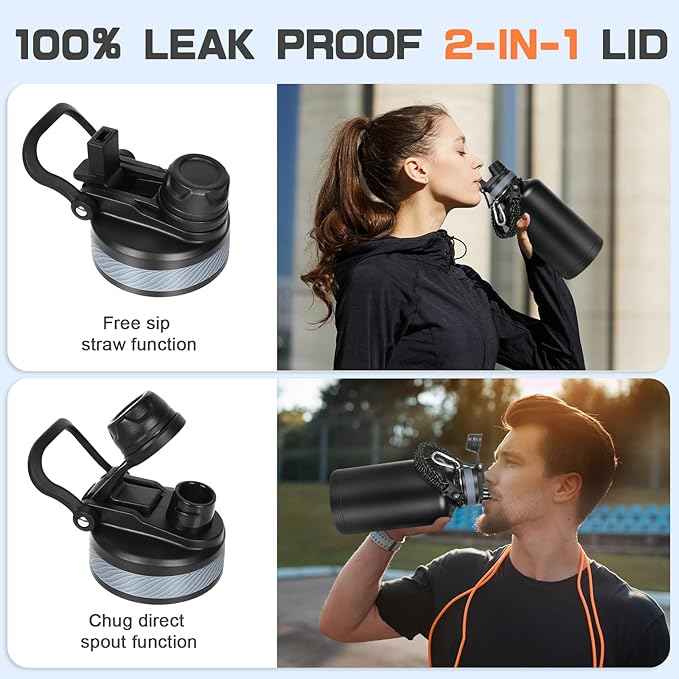Insulated Water Bottle 64 oz, Half Gallon Water Jug Cold 48H, BPA Free Stainless Steel Bottles with Straw/Chug 2-in-1 Lid, Bag, Paracord Handle, Silicone Boot, Sports Gym School Metal Flask