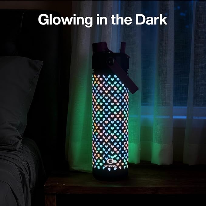 ENCOOL Insulated Water Bottle with Straw Stainless Steel Water Bottle, Glow in the Dark, Leak-Proof, BPA-Free, Keeps Cold for 24 Hours for Sports, Travel, School (26 oz, Heartfield)