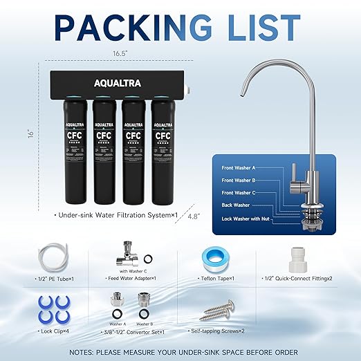 AQUALTRA USF-4F-15 Under Sink Water Filter System, Commercial 80K Gallons with Faucet, 0.5 μm Carbon Fiber Filter Reduces Chlorine, Chloramine, Fluoride, Bad Taste & Odor