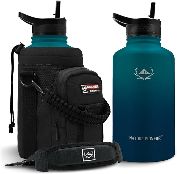 NATURE PIONEOR Insulated Water Bottles with Straw - 64oz Stainless Steel Vacuum Bottle with Holder/Carrier/Sleeve - Reusable 18/8 Food Grade Half Gallon Water Jug