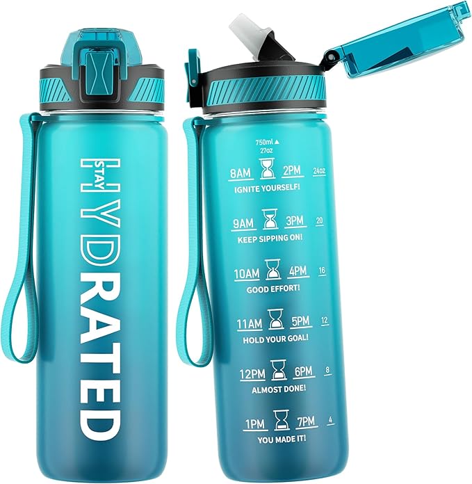 Water Bottle with Straw, 27oz Motivational Water Bottles with Time Marker to Drink, Tritan BPA Free, 750ml Sports Water Bottle with Carry Strap LeakProof for School Fitness Outdoor (1Pack)