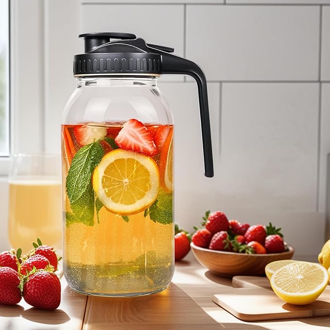 3 Pack 64oz Glass Mason Jar Pitcher with Airtight Lid and Handle – Wide Mouth, Leak-Proof, Ideal for Sun Tea, Cold Brew, Lemonade, Iced Coffee, Milk, and Water (Gray)