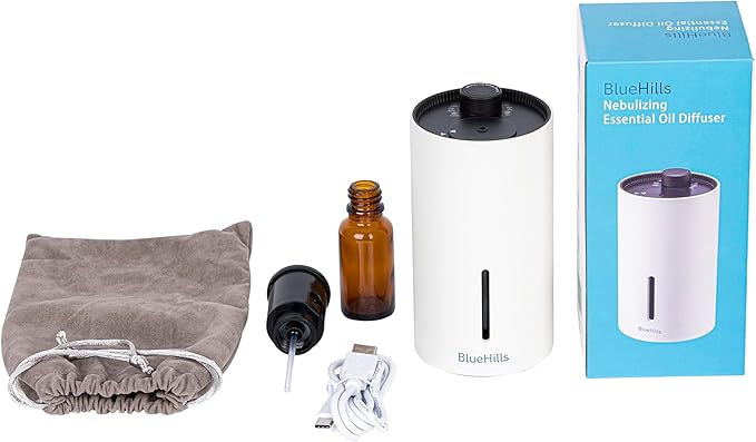 BlueHills Waterless Cordless Essential Oil Diffuser – White, Wireless, Portable Aroma Nebulizing Diffusers for Home, Car & Office – J01 White