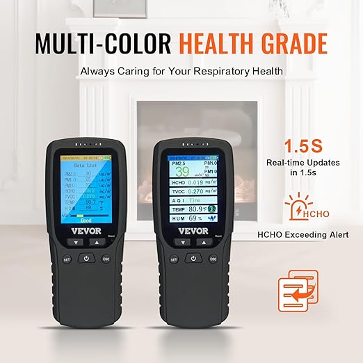 VEVOR Air Quality Monitor 8-in-1, Professional PM2.5 PM10 PM1.0 Particle Counter, Formaldehyde, Temperature, Humidity, TVOC AQI Tester for Indoor/Outdoor, Air Quality Meter w/Alarm Thresholds