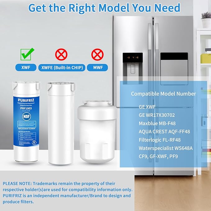 3 Pack XWF (Not XWFE, NO Chips), Refrigerator Water Filter Compatible with GE XWF, GBE21, GDE21, GDE25, GFE24, NSF/ANSI 42&372 Certified, 6 Month / 300 Gallon
