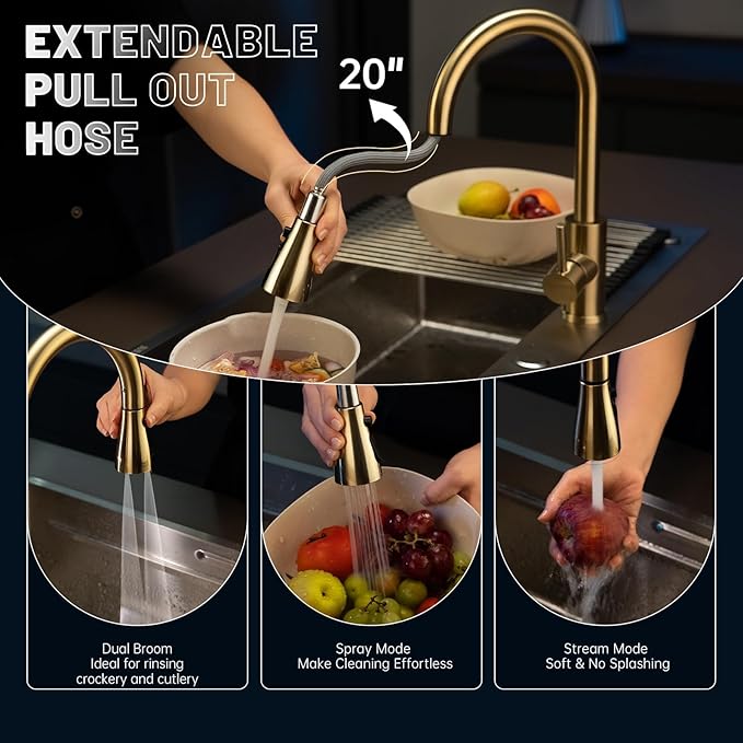 APPASO Gold Kitchen Faucet with Soap Dispenser, Brushed Gold Kitchen Sink Faucet with Pull Down Sprayer, Modern High Arch Single Handle Sink Faucet for Kitchen, 3 Modes