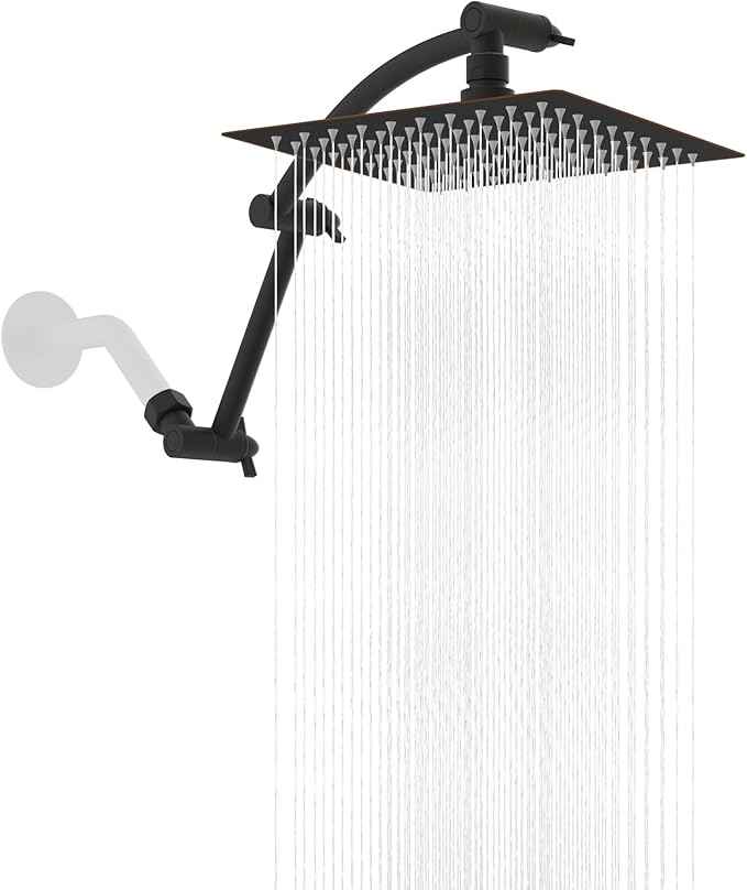 Hibbent All Metal Rain Shower Head, 8'' High Pressure Rainfall Square Showerhead with 16" Extension Arm, Solid Brass Adjustable Shower Arm Extender, Waterfall fixed Showerheads, Oil Rubbed Bronze