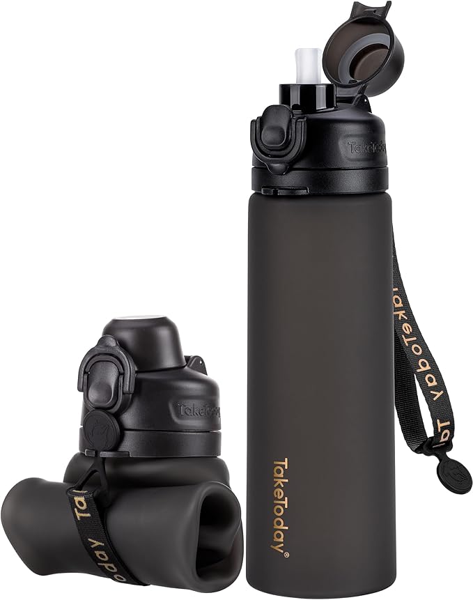 TakeToday Collapsible Water Bottles 20oz (600mL), Foldable Platinum Silicone Travel Water Bottle with Straw & Carry Strap, Leak-Resistant Screw Lid, Wide Mouth, BPA-Free for Hiking, Camping, Travel