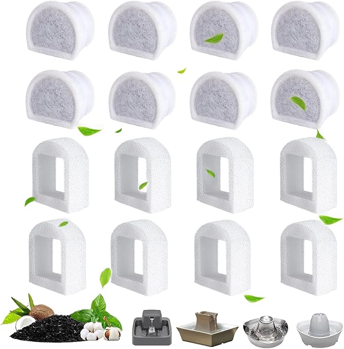 TuTuYa 16PCS Cat Water Fountain Filters Replacement Compatible with PetSafe Drinkwell Fountains, 8 Replacement Carbon Filters + 8 Replacement Sponges Foam Filter for Dog and Cat Fountains