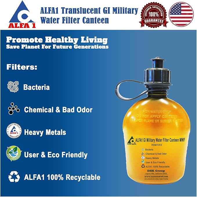 Translucent See-Thru Military Water Filter Canteen, OD Green, 1 Quart/32oz | Built-in Nano Filter | Improves Taste & Odor | Camping, Hiking, Backpacking, Outdoor & Travel
