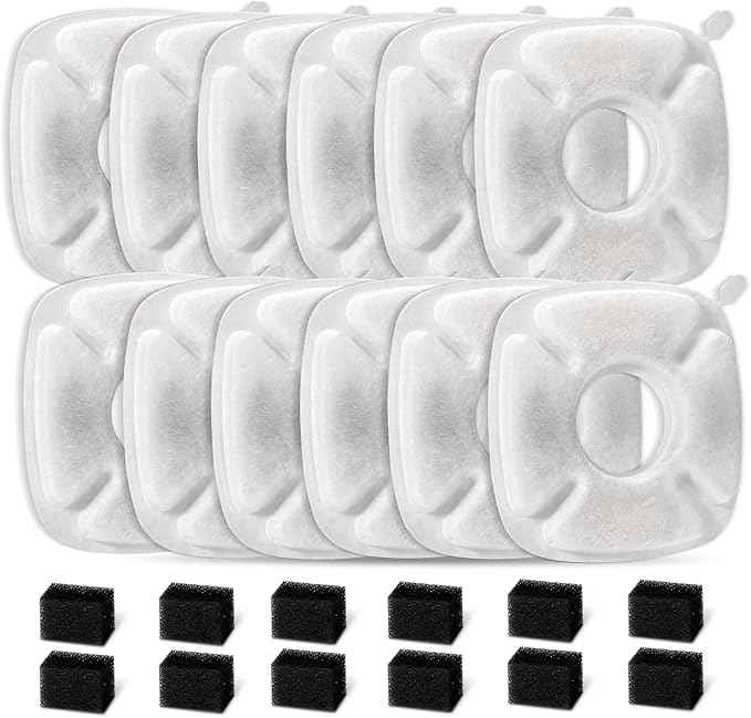 24 Pcs Cat Fountain Replacement Filters：12 Pack Replacement Filters with 12 Pack Pre-Filter Sponges, Pet Fountain Filter Fit for 95oz/2.8L Automatic Pet Fountain Cat Water Fountain