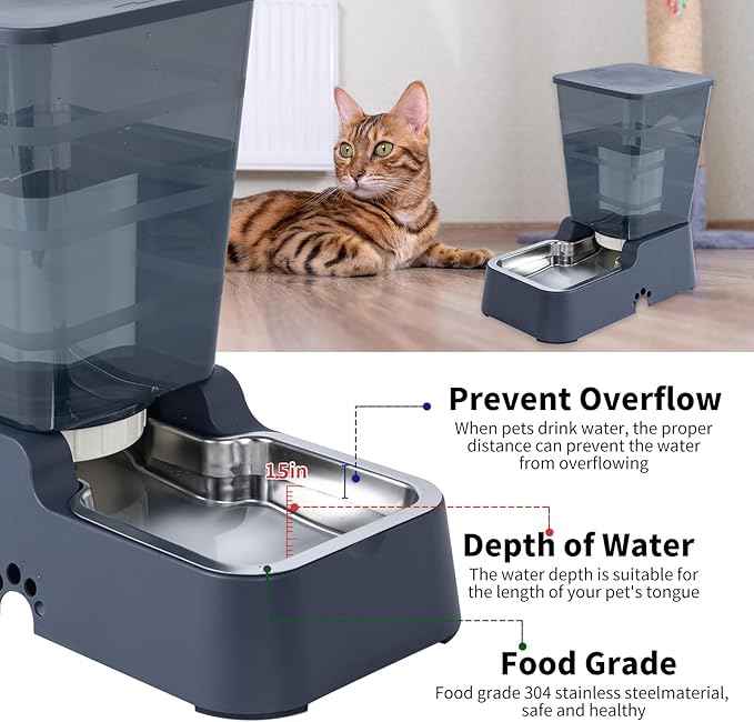 Meikuler Automatic Dog Cat Water Dispenser Large Capacity 5Lfor Cats and Medium and Large-Sized Dogs with Stainless Steel Bowl (Black, 5L)