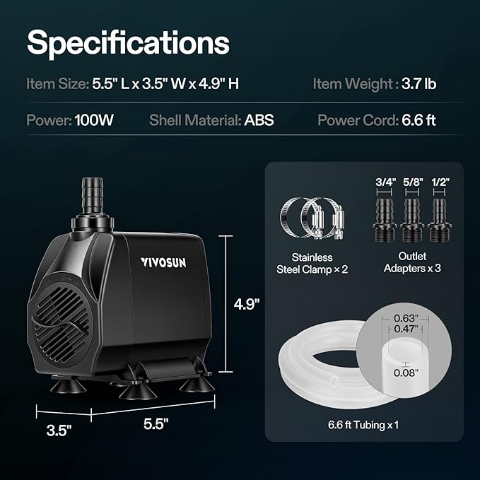 VIVOSUN 1050 GPH 100W Submersible Water Pump, Quiet Fountain Pump With 13.1 ft Head Lift, 6.6 ft Power Cord, 3 Nozzles, Tubing, & 2 Clamps, For Fish Tank, Pond, Aquarium, Hydroponics - AquaVibe