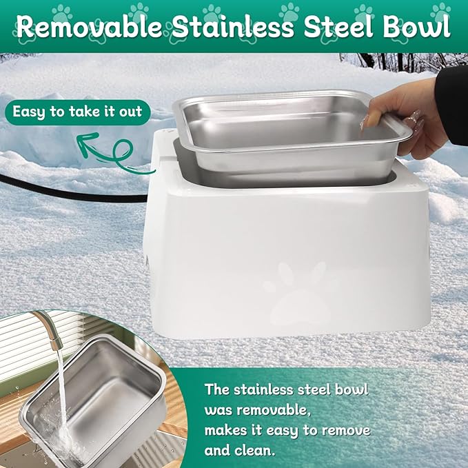 Large Heated Water Bowl for Outdoor Dog & Cat, Outside Animal Waterer With Removable Stainless Bowl, No Freeze Pet Dish for Rabbit, Chicken, Poultry, Squirrel