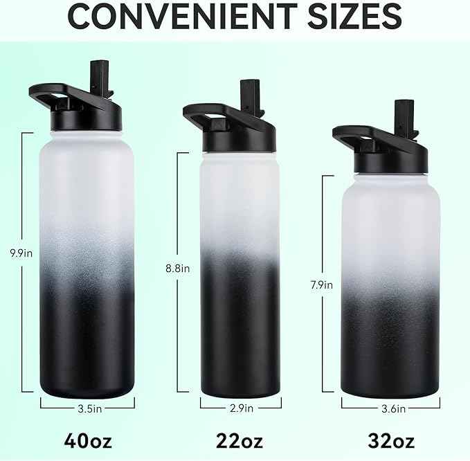 DOMICARE 40 oz Insulated Water Bottle Bulk, Vacuum Insulated Stainless Steel Sports Water Bottle with Straw Lid & Spout Lid, Leakproof, Reusable - Travel, Camping, Bike, Black White Gradient (4 Pack)