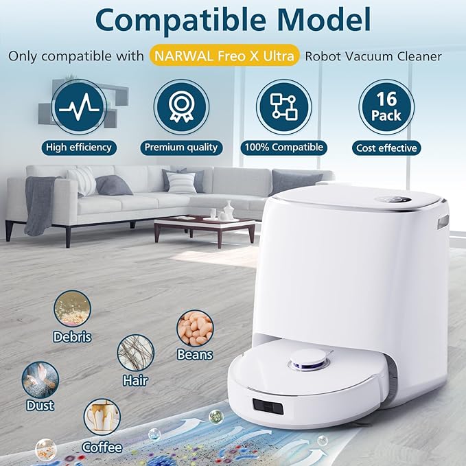 Accessories Replacement for Narwal Freo X Ultra Robot Vacuum, 16 Vacuum Accessories Set, 1 Main Brush, 2 Hepa Filter, 2 Dust Bags, 4 Mop Pads, 6 Side Brushes, 1 Cleaning Brush - AquaVibe