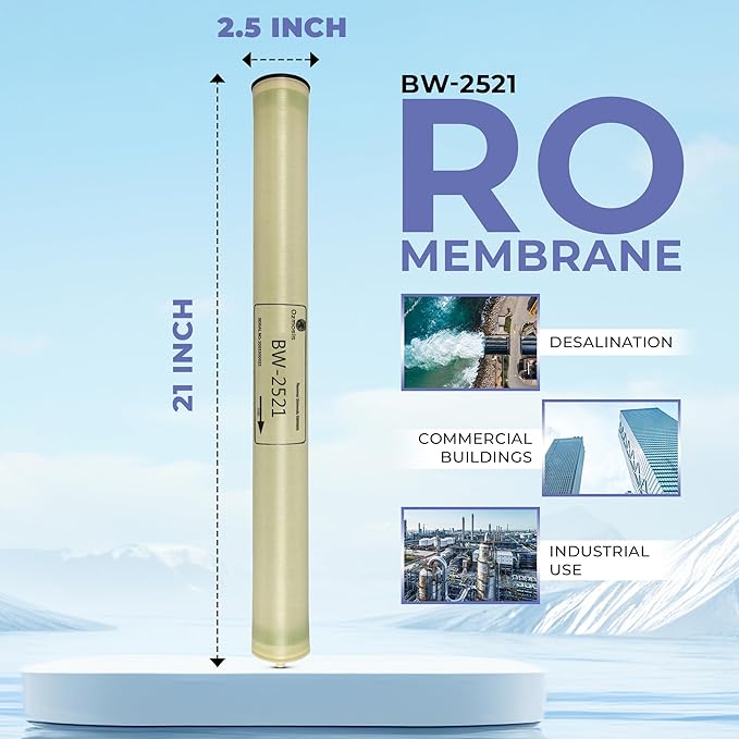 Ozmosis BW-2521 RO Reverse Osmosis Brackish Water Membrane 2.5"x21", High Salt Rejection, 400 GPD Water Filtration, Vessel Made with Fiberglass Material for Commercial and Industrial Use