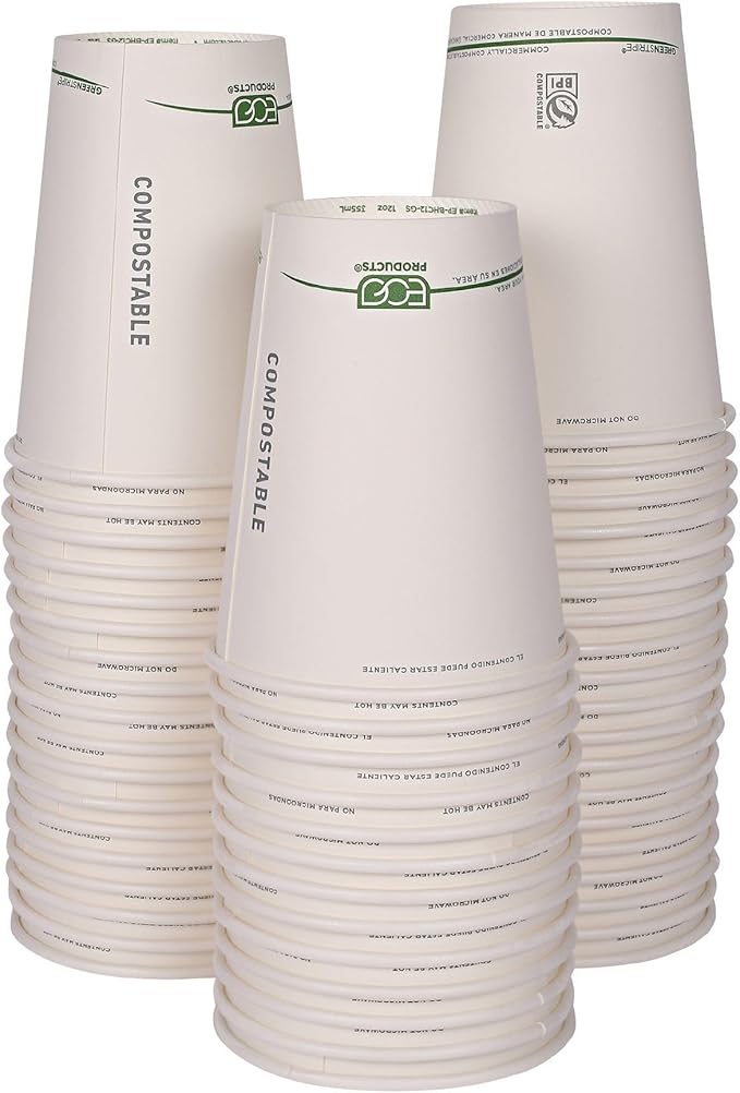 ECO PRODUCTS Compostable Disposable GreenStripe 12oz Coffee Cups, Case of 1000, White Single Wall Hot Paper Cup, Plant Based PLA Lining, Biodegradable
