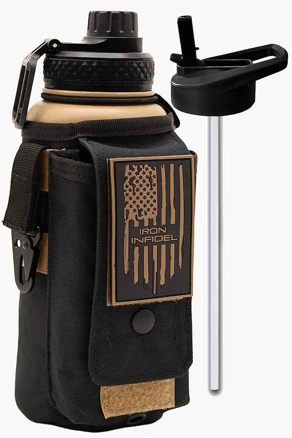 Iron Infidel Battle Bottle - 32 Oz Insulated Water Bottle with Straw Lid & Chug Cap, Stainless Steel Metal Flask Includes Rugged, Removable Sleeve for Keys, Wallet, & Phone (Brown Recluse 1 Liter)