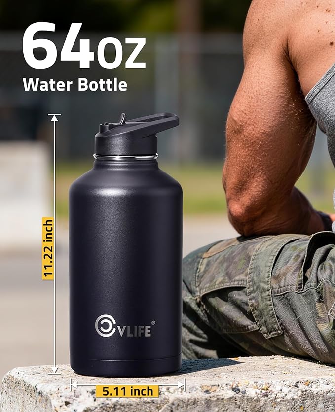 CVLIFE Half Gallon Water Bottle with Straw, 64 oz Insulated Stainless Steel Water Jug, Battle Sports Bottle with Bottle Pouch, Durable Handle, Removable Sleeve for Gym, Hiking, Camping (Black 2 Liter)