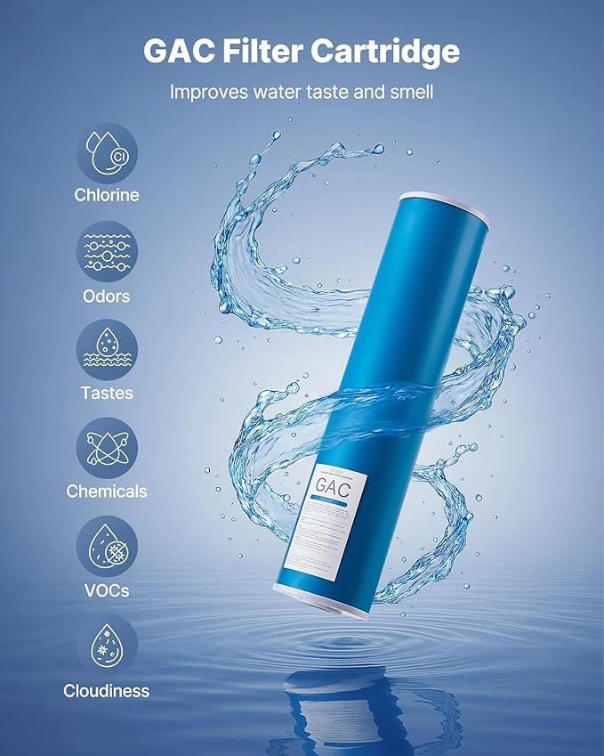 VEVOR GAC Filter, Universal Fit 20 x 4.5 in Granular Activated Carbon Replacement - for Whole House Water Filter Systems, Reduces Chlorine, Chemicals, VOCs, Bad Taste & Odor