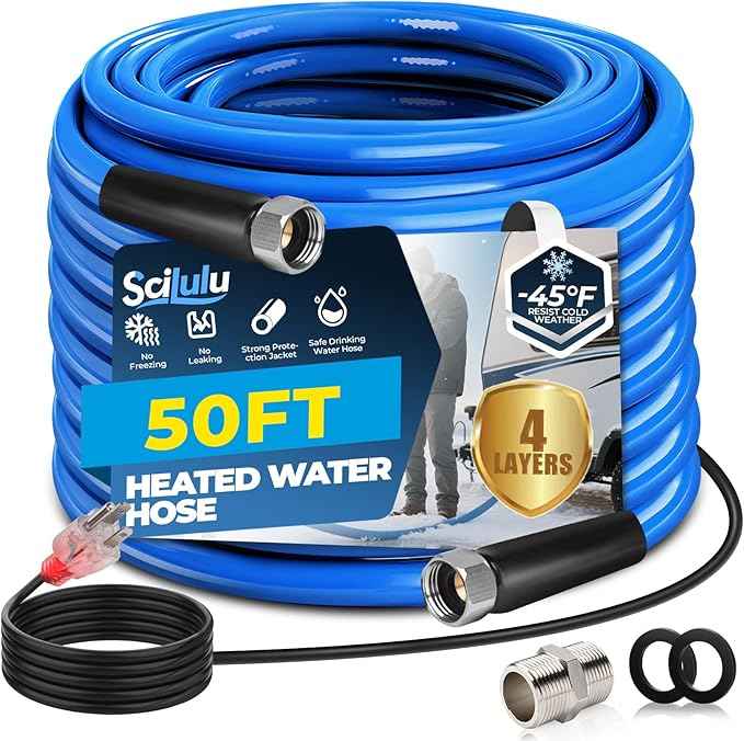50FT Heated Water Hose for RV, Freeze Protection to -45°F, Lead-Free & BPA-Free, Safe Hose for Campers, Gardening, Livestock, Home Use