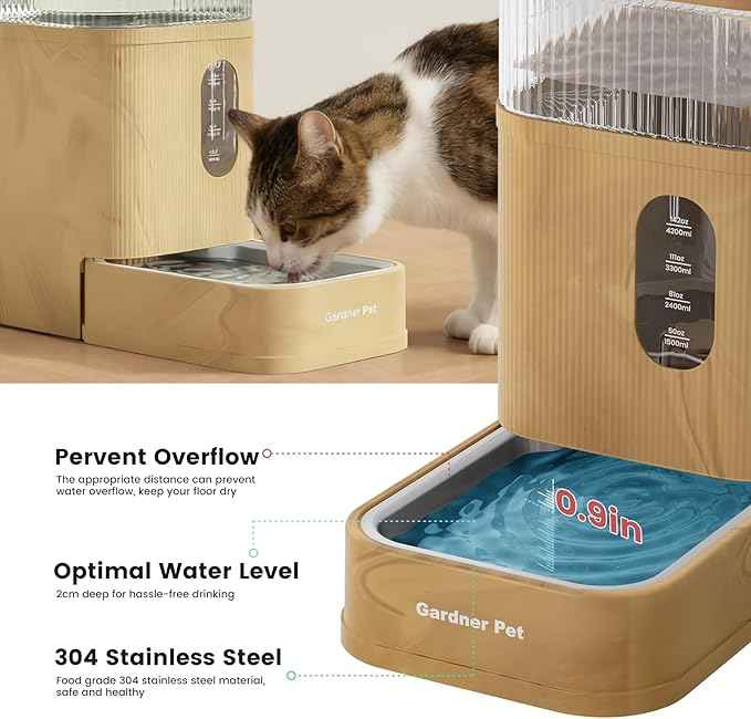 Gardner Pet 2.2 Gallon Automatic Dog Water Bowl Dispenser 8.5L Gravity Water Feeder with Stainless Steel Bowl & Maifan Stone Filter, BPA-Free for for Cats and Dogs (Brown, 2.2 Gallon)