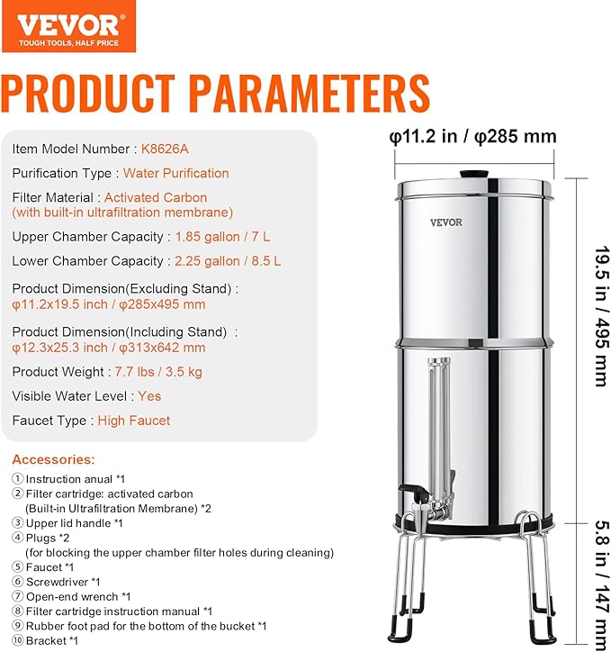 VEVOR Gravity-fed Water Filter System, 2.25G 304 Stainless-Steel Countertop System, Water Filtration System, Reduces Lead and up to 99% of Chlorine, with 2 Carbon Filters, Water Level Spigot, Stand