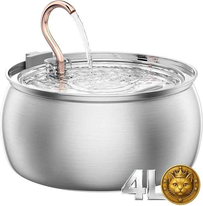 Tomxcute Cat Water Fountain - 4.0L/135oz Gooseneck Copper Faucet Design Cat Fountains for Drinking - Large Capacity Stainless Steel Cats Water Fountain - Comes with 3 Replacement Filters