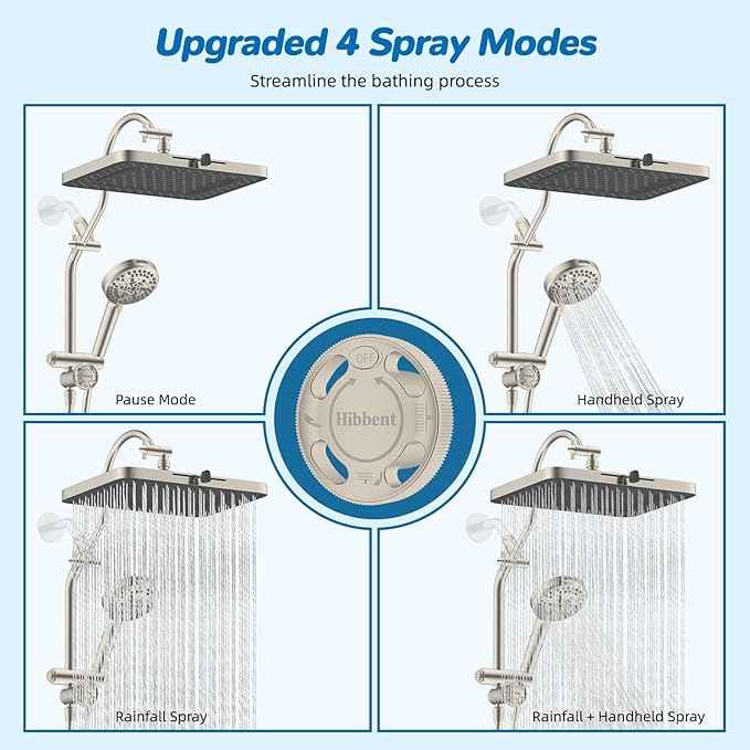 Hibbent cUPC Certified 13'' Shower Head Combo, High Pressure 5 Spray Rainfall Showerhead, 10 Spray Handheld, All Metal Easy Reach 4-way Diverter Arm with Pause Mode, 71'' Hose & Holder, Brushed Nickel