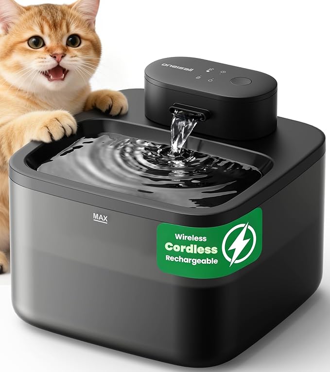 oneisall Wireless Cat Water Fountain: 74oz/2.2L Cordless Pet Water Fountains, 4000mAh Battery Operated Ultra-Quiet Integrated SilentFlow™ Pump for Cats Indoor, Automatic Cat Water Dispenser, BPA-Free