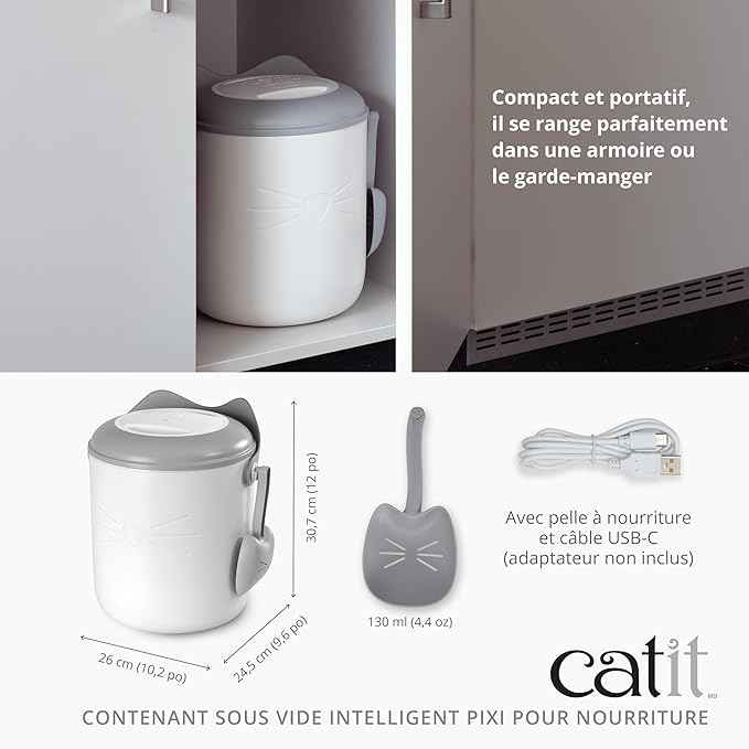 Catit PIXI Smart Vacuum Food Container – Airtight Cat Food Storage with Auto Vacuum Seal, BPA-Free, Energy Efficient, Whimsical Cat Design & Scoop