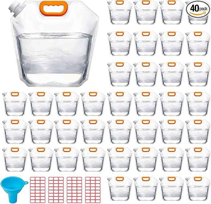 40 Pcs 1.3 Gallon Collapsible Water Storage Bag with Funnel and Stickers Leakproof Emergency Jug Container Clear Plastic Water Bladder Outdoor Flat Pouch for Hiking Sport Backpack Camping