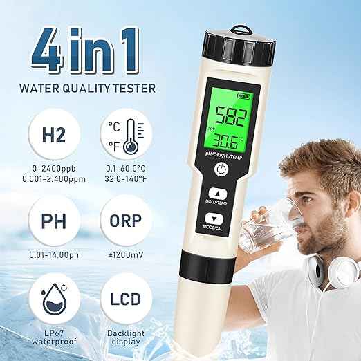 Hydrogen Water Tester 4 in 1 PH,H2,ORP&Temp,pH Meter ORP Meter Hydrogen Tester for Water with ATC & Backlight,Accurate Hydrogen Water ppb/ppm Meter