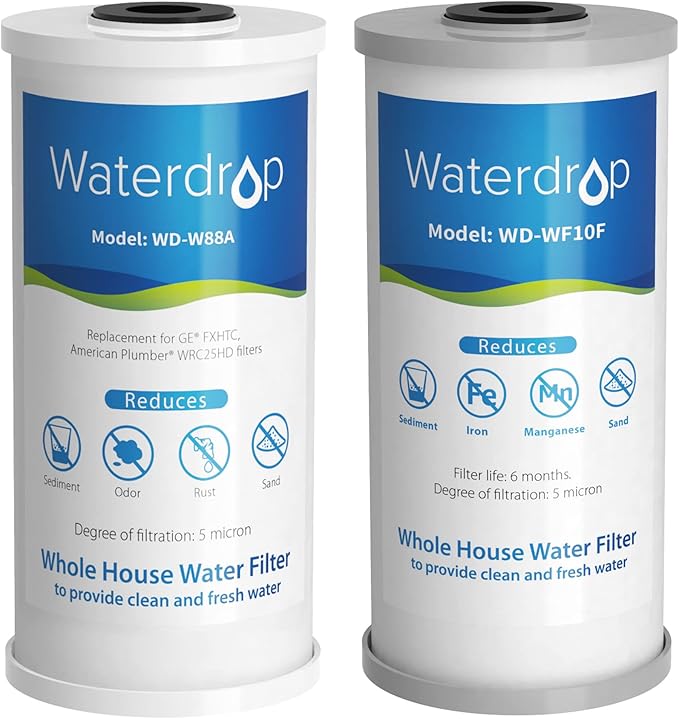 Waterdrop Whole House Water Filter, Carbon Filter, Reduce Iron & Manganese Filter Cartridge, Replacement for GE GXWH40L, FXHTC, Ispring, Culligan® RFC-BBSA, Whirlpool®, Any 10" x 4.5" System, 5 Micron - AquaVibe