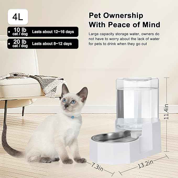 Sfozstra Large Dog Water Dispenser: 4L Stainless Steel Gravity Cat Water Feeder - Quiet Refill - No Power Needed - for Kittens & Cats - Bedroom/Kitchen Corner/Crate Area
