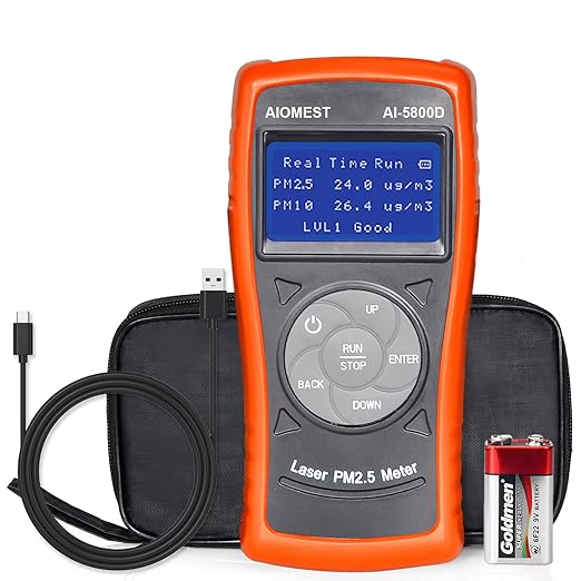 AIOMEST Air Quality Monitor-Laser PM 2.5/PM 10 Detector,Pollution Meter Sensor, Rechargeable Dust Particle Tester with Timing for Air Filter Home Indoor Outdoor, AI-5800D
