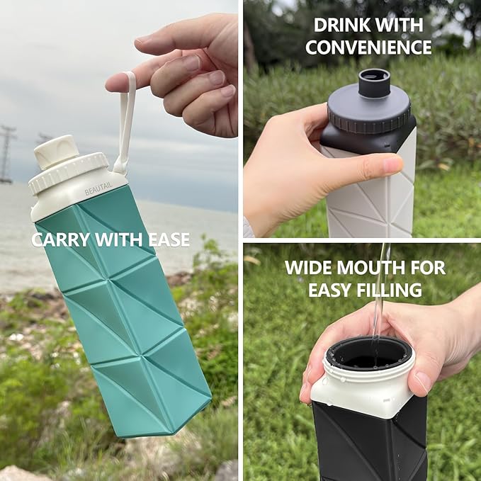 BEAUTAIL Collapsible Water Bottles, Silicone Foldable Water Bottle 610ml, BPA-Free Portable Reusable Leakproof Bottle for Gym Travel Camping Hiking Sports Outdoor, 1 Pack (Dark Blue)