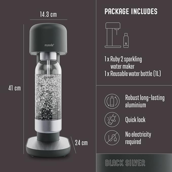 Ruby 2 Sparkling Water Maker - Soda Streaming Machine Silent Carbonated Water Machine Robust Long-Lasting Aluminium Soda Maker 1L Water Bottle Without CO2 Cylinder - Black Silver Soda Machine