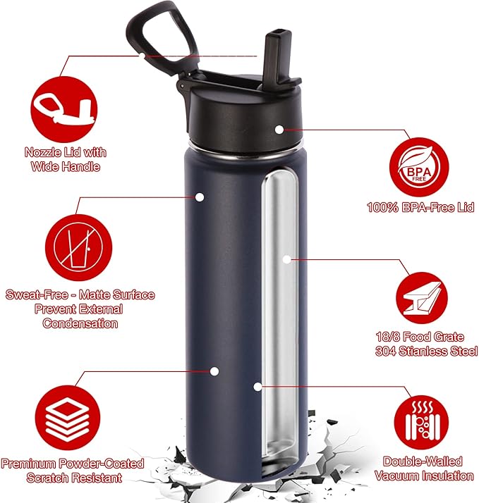 Volhoply 22 oz Insulated Water Bottles with Straw Lid, Stainless Steel Sports Bottle with Handle, Double Walled Vacuum Metal Travel Water Cups Wide Mouth,Reusable Water Flask for School(Navy,1 Set)