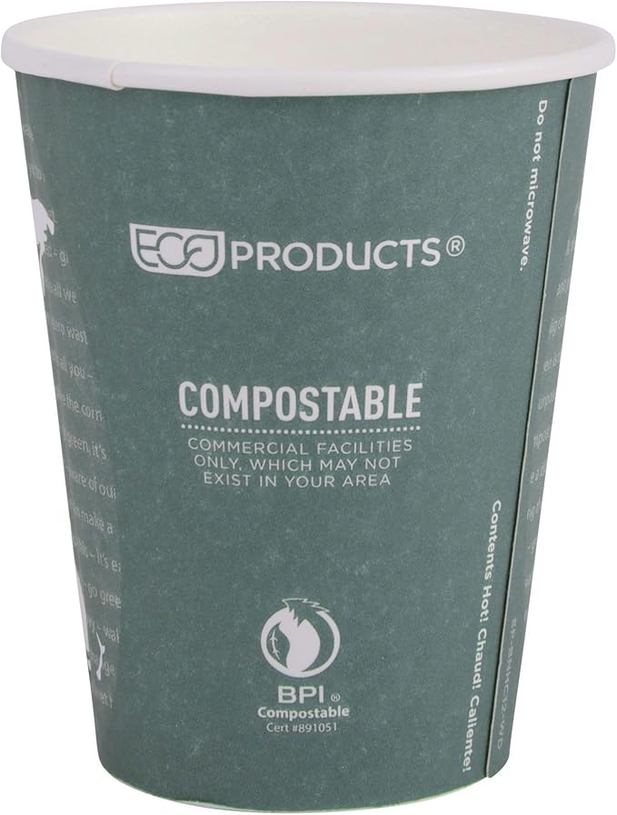 ECO PRODUCTS Compostable Disposable Insulated World Art 12oz Coffee Cups, Case of 600, Renewable Double-wall Hot Paper Cup, Plant Based PLA Lining, No Sleeves Needed, Color Coded