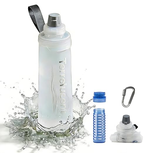 33.8 oz Collapsible Water Bottle with Filter, Squeeze Filtered Water Bottle, BPA-Free, Dual Filtration, Ultralight Water Filter System for Hiking, Camping, Backpacking (White, 33.8 OZ)