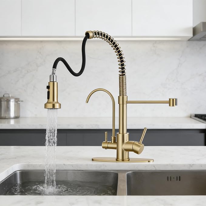 Commercial 3 in 1 Spring Brushed Gold Kitchen Faucet, High Arc Single Hole Pull Down Sprayer Kitchen Sink Faucet, RO System Water Filter Faucet Integrated into Kitchen Faucet