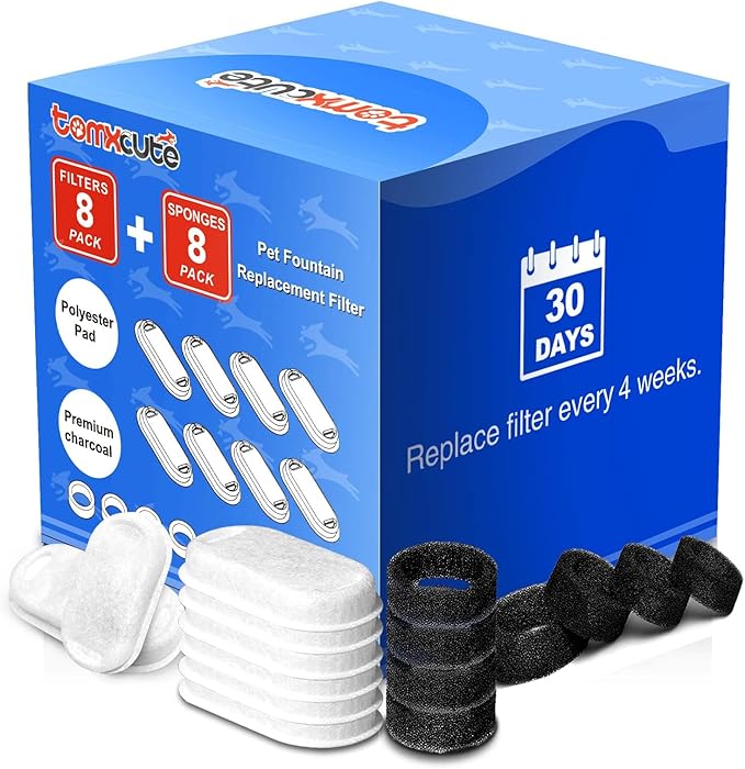 Official Replacement Filters for Tomxcute Cat Water Fountain 108oz/3.2L and 135oz/4.0L, 8 Pack Filters & 8 Sponges Foam Filter